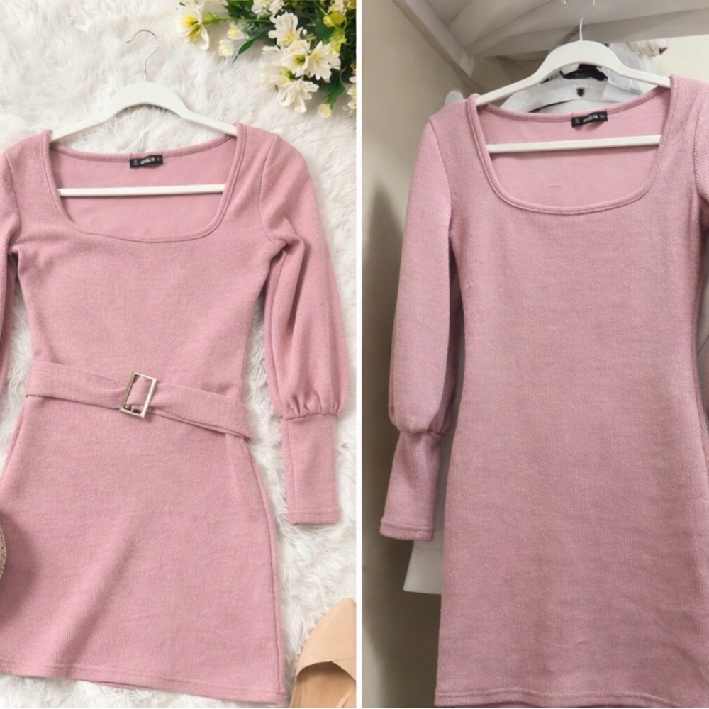 SHEIN Dusty Pink Square-Neck Knit Mini Dress with Belt